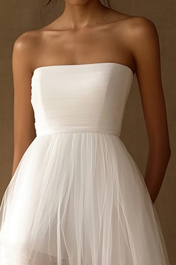 Simple White Asymmetrical A Line Wedding Dress With Tulle
